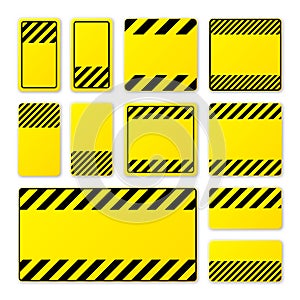 Various blank yellow warning signs with diagonal lines. Attention, danger or caution sign, construction site signage