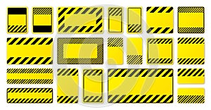 Various blank yellow warning signs with diagonal lines. Attention, danger or caution sign, construction site signage