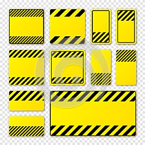 Various blank yellow warning signs with diagonal lines. Attention, danger or caution sign, construction site signage