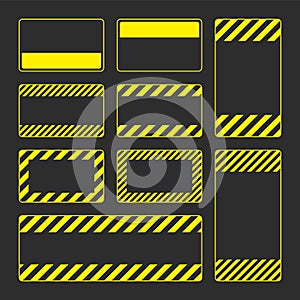 Various blank yellow warning signs with diagonal lines. Attention, danger or caution sign, construction site signage