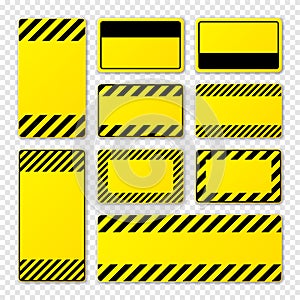 Various blank yellow warning signs with diagonal lines. Attention, danger or caution sign, construction site signage