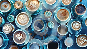 Various Blue Coffee Cups.AI generated image