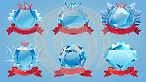 Various blue germstone avatar templates decorated with red ribbons, ice leaves, and sophisticated royal crowns. Modern