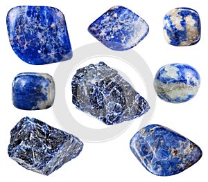 Various blue Sodalite gemstones isolated on white