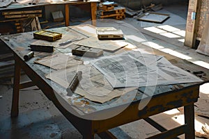 Various blueprints scattered across a wooden table in disarray, Blueprints scattered on makeshift tables for reference photo