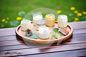 various body butters on a wooden tray against leafy background