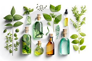 Various bottles with essential oils and medicinal herbs on white background. Top view. Generative AI