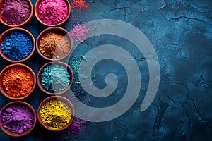 Various bowls filled with vibrant colored powders, Holi Festival of Colors, copy space