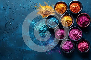 Various bowls filled with vibrant colored powders, Holi Festival of Colors, copy space