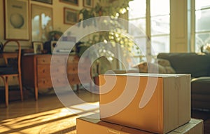 Various boxes arranged in a living room, moving day image