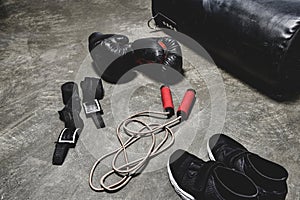 various boxing equipment lying