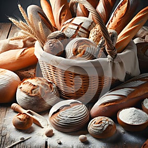 Various bread in wicker basket flour and wheat stalks