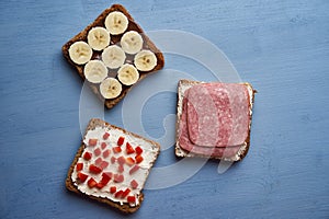 Various breakfast or brunch sandwiches