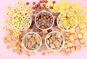 Various breakfast cereals, assorted corn flakes