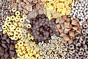 Various breakfast cereals on light grey background, assorted corn flakes in bowls