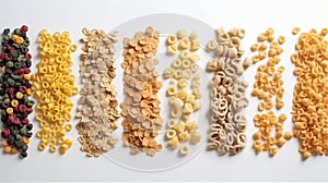 Various breakfast cereals, whole grain cereals, diet healthy food, White background isolate. AI generated.