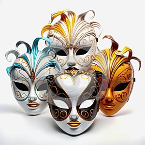 Various bright carnival masks. Concept of acting and entertaiment. Ai art.