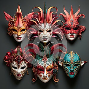 Various bright carnival masks. Concept of acting and entertaiment. Ai art.