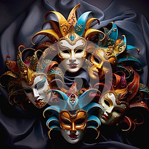 Various bright carnival masks. Concept of acting and entertaiment. Ai art.