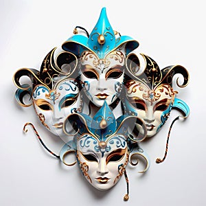 Various bright carnival masks. Concept of acting and entertaiment. Ai art.