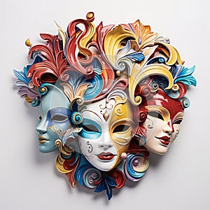 Various bright carnival masks. Concept of acting and entertaiment. Ai art.