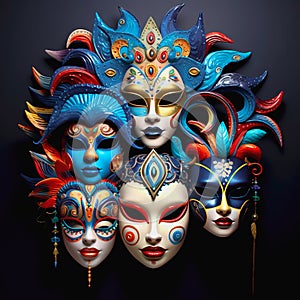 Various bright carnival masks. Concept of acting and entertaiment. Ai art.