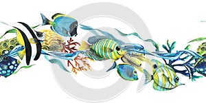 Various, bright fish with algae, corals, sea sponges. Watercolor illustration. Seamless border from the collection of