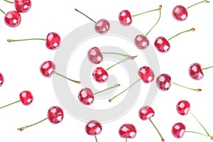 Various bright ripe fresh cherries on white isolated background.