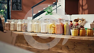 Various bulk items in reusable jars at zero waste eco store