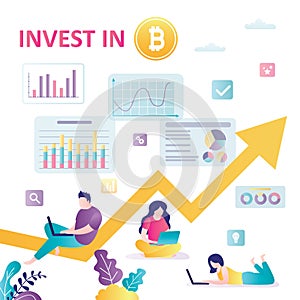 Various business people invests in bitcoin. Cryptocurrency market, blockchain technology. Financial analysts make money on growth