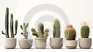 Various cacti in pots lined up against a white background