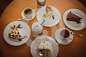 Various cakes in a cafe, top view