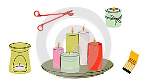Various Candles. Different shapes and sizes. Pillar, jar candle, square, container candle, multi