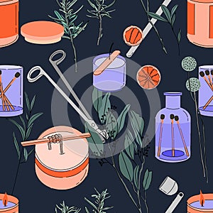 Various Candles and herbs seamless pattern. Matches, scissors, candle snuffer