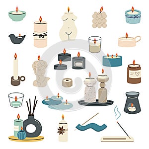 Various candles. Wax candle illustration. Soy wax candles in jar. Different shapes and sizes. Vector clipart collection