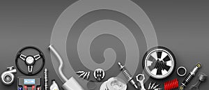 Various car parts and accessories on grey background. 3d illustration