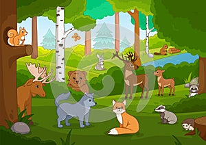 Various cartoon animals in the forest