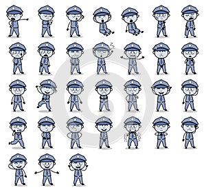 Various Cartoon Policeman Cop Poses - Set of Vintage Concepts Vector illustrations