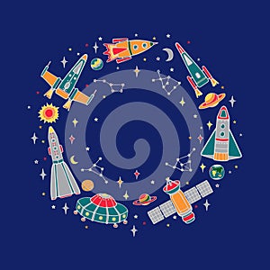 Various cartoon spaceships, stars, planets. Seamless colorful vector pattern on a blue sky background.