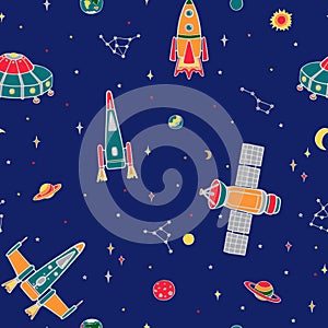 Various cartoon spaceships, stars, planets. Seamless colorful vector pattern on a blue sky background.