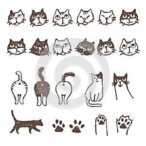 Various cat's, face, paw, and footprint