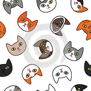 Various cats heads seamless pattern. Cute and funny cartoon kitty cat vector illustration set with different cat breeds.