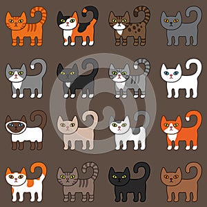 Various cats seamless pattern brown background. Cute and funny cartoon kitty cat vector illustration different cat breeds. Pet kit