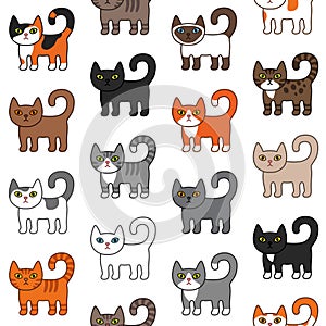 Various cats seamless pattern. Cute and funny cartoon kitty cat vector illustration different cat breeds. Pet kittens of different