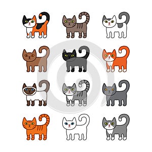 Various cats set. Cute and funny cartoon kitty cat vector illustration set with different cat breeds.