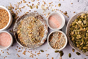 Various cereals and grains in bowls, healthy diet