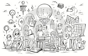 Various character doodle illustration of people finding creative ideas concept, thinking, reading, find solution or knowledge,
