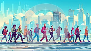 Various characters with gadgets in their hands walk along a city street with urban cityscape background. Men, women