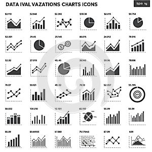 Various chart icons representing data visualization elements such as line graphs, bar
