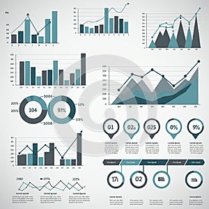 Various charts and graphs display data trends and statistics. Elements include bar